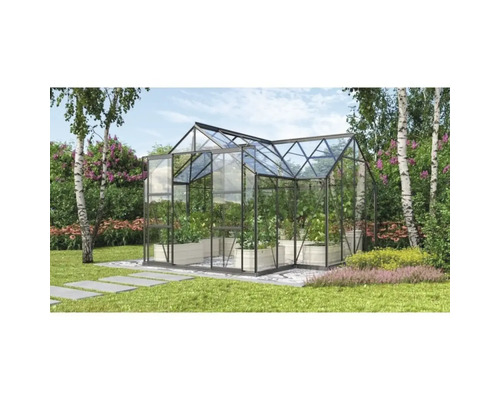 Växthus VITAVIA Sirius 13000 3mm härdat glas 383x383cm 13m² svart inkl. takdekoration & sockel Växthus i trädgården med växter