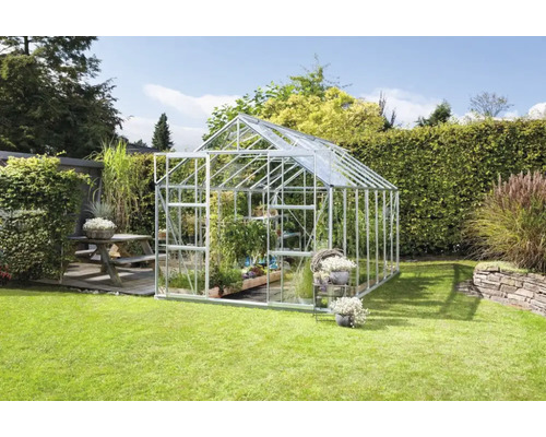 Växthus VITAVIA Uranus 11500 3mm härdat glas 445x257cm 11,5m² aluminium inkl. sockel Växthus i trädgården med planteringar