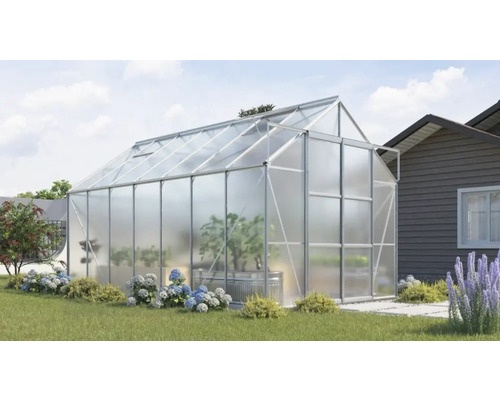Växthus VITAVIA Uranus 11500 6mm polykarbonat 445x257cm 11,5m² aluminium inkl. sockel Växthus med växter i trädgården