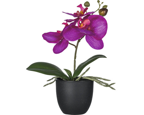 Konstgjord lila orkidé i svart kruka