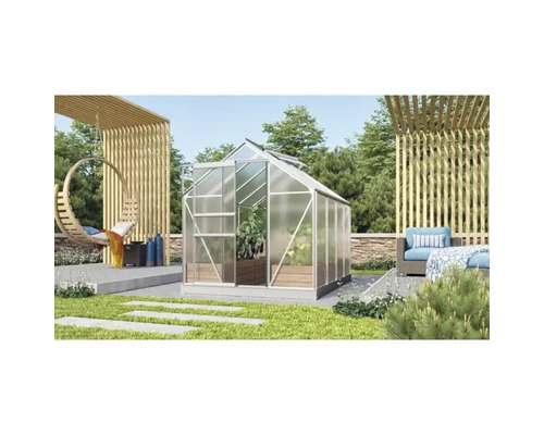 Växthus VITAVIA Venus 5000 4mm polykarbonat 257x195cm 5m² aluminium inkl. sockel Trädgårdsscen med växthus, hängande stol och sittgrupp