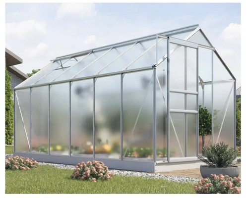 Växthus VITAVIA Venus 5000 4mm polykarbonat 383x195cm 7,5m² svart inkl. sockel Växthus med aluminiumram och polykarbonatplattor i trädgården.