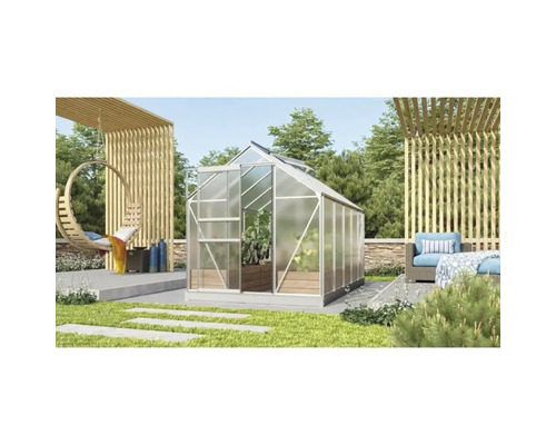 Växthus VITAVIA Venus 6200 4mm polykarbonat 321x195cm 6,2m² aluminium inkl. sockel Växthus i trädgården med växter och sittplatser