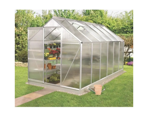 Växthus VITAVIA Venus 7500 4mm polykarbonat 383x195cm 7,5m² aluminium inkl. sockel Växthus av metall och plast med växter på en gräsmatta