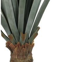 Närbild av en konstgjord yucca-palm med raka blad och stam.