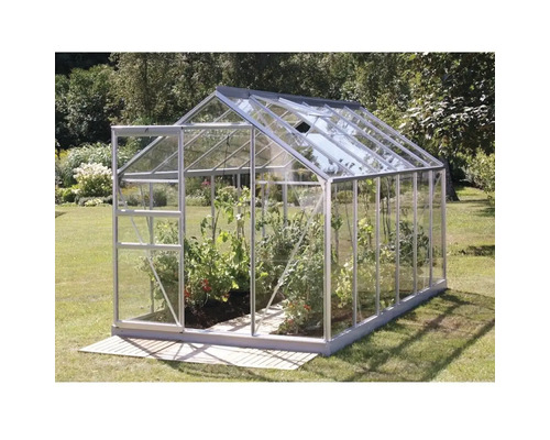 Växthus VITAVIA Venus 7500 3mm delat glas 383x195cm 7,5m² aluminium inkl. sockel Växthus med växter i en trädgård