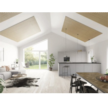 Ljust vardagsrum med öppet kök, dekorpaneler i trä i taket och stora fönster.