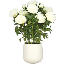 Konstgjord blomsterarrangemang med vita pioner i en vit kruka