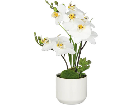 Konstgjord vit orkidé med ytterkruka