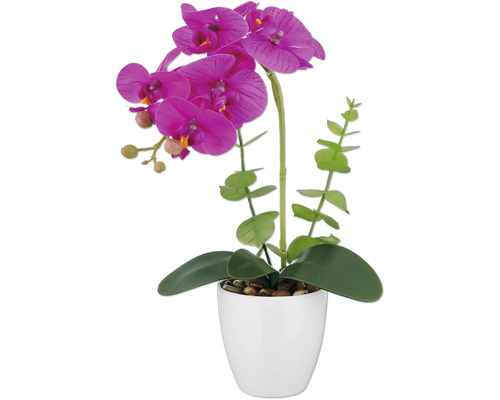 Konstgjord orkidé med lila blommor i kruka