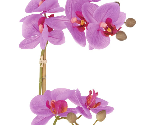 Konstgjord lila orkidé med blommor och knoppar.