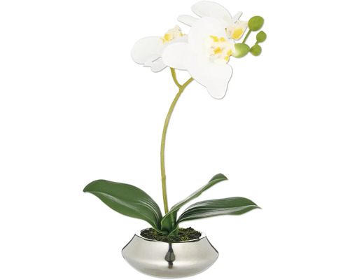 Konstgjord orkidé i silverfärgad kruka som dekoration