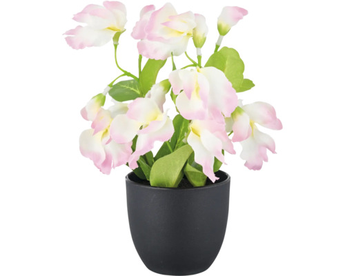 Dekorativ konstgjord blomma med rosa-vita blommor i en svart kruka