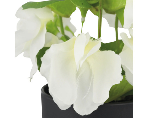 Konstgjorda vita blommor i svart kruka som dekoration