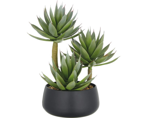 Konstväxt Agave blue glow 28cm i skål Konstgjord agave i svart kruka som rumsdekoration