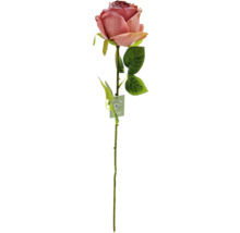 Enstaka konstgjord ros med blad och stjälk