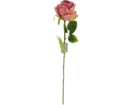 Enstaka konstgjord ros med blad och stjälk