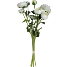 Bukett med konstgjorda vita ranunkler med gröna stjälkar och blad.