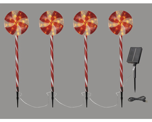 Julbelysning LAFIORA lolly pop 80 varmvita LED inkl. 6h timer Fyrpack LED-solcellslampor i klubbdesign med solpanel och USB-kabel