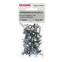 Grabber Farmarskruv klarlack 35 millimeter, 25 stycken, borrande plåtskruv med A-gänga och tätningsbricka i transparent förpackning