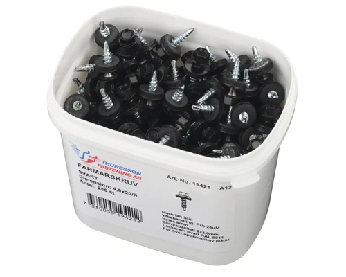 Svart farmarskruv 4,8x20 millimeter i vit behållare