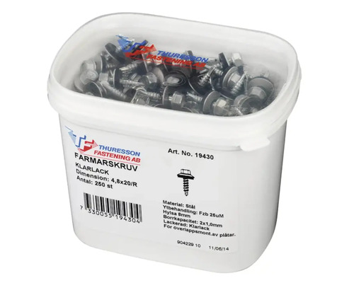 Hink med 250 stålplåtskruvar, 4,8x20 millimeter