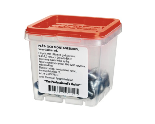 Plåt- och monteringsskruvar i transparent plastlåda med rött lock