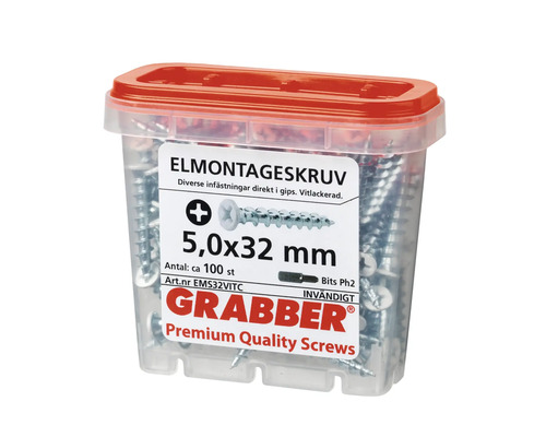 Grabber elmontageskruvar 5,0x32 mm, cirka 100 stycken, i behållare