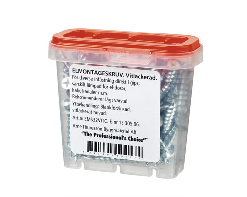 Elmontageskruv i transparent plastlåda