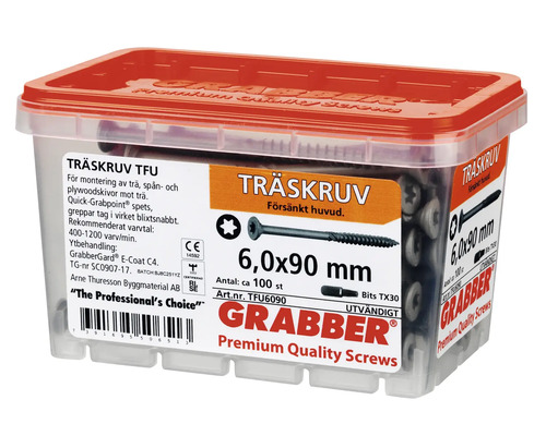 Träskruvar i transparent plastlåda med rött lock