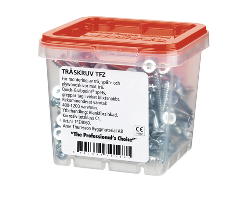 Träskruvar i transparent låda med rött lock