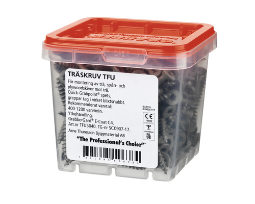 Träskruvar i transparent plastlåda med rött lock