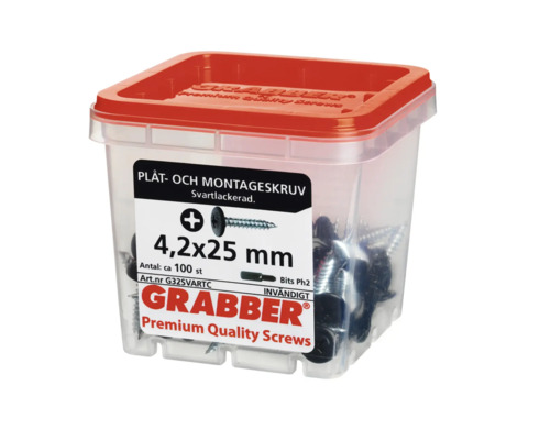 Grabber plåt- och montageskruv, 4,2x25 mm, cirka 100 stycken i transparent låda med rött lock