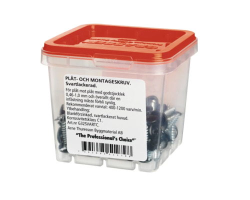 Plåt- och monteringsskruvar i transparent låda med rött lock