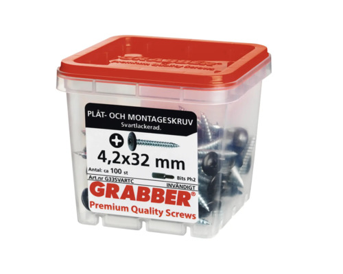 Skruvar i transparent behållare med rött lock, storlek 4,2x32 mm