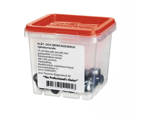 Plåt- och montageskruv i transparent låda med rött lock