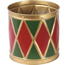 Dekorativ trumma i metall med rombmönster i grönt och rött