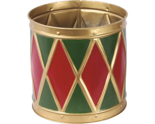 Dekorativ trumma i metall med rombmönster i grönt och rött