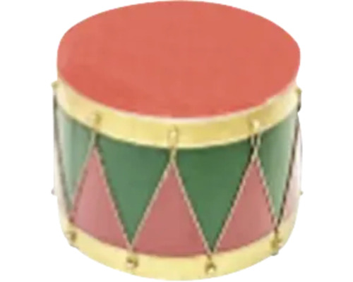 Dekorativ leksakstrumma med rött trumskinn, gröna och röda trianglar