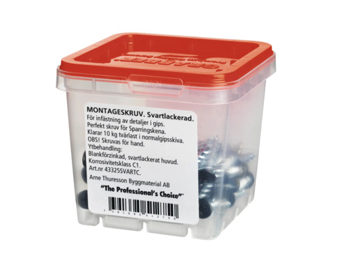 Monteringsskruvar i transparent plastlåda med rött lock