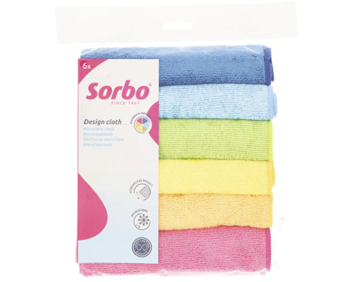 Förpackning med sex mikrofiberdukar från Sorbo