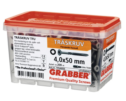 Träskruvar i transparent plastlåda med rött lock, storlek 4,0 x 50 millimeter, cirka 200 stycken