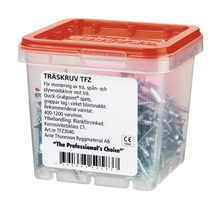 Träskruvar i transparent plastlåda med rött lock