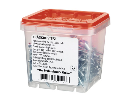 Träskruvar i transparent plastlåda med rött lock