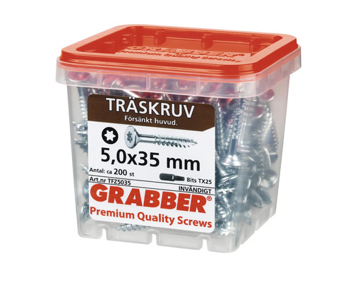 Grabber träskruvar 5,0x35 mm i transparent låda med rött lock