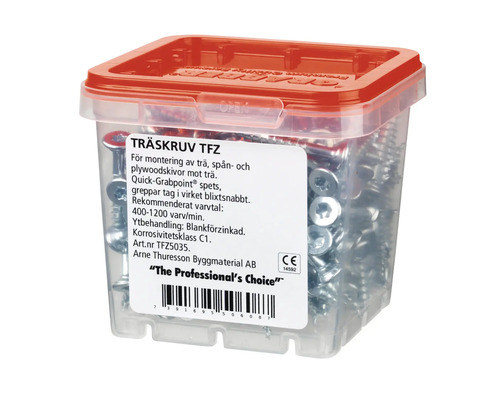 Träskruvar i transparent plastlåda med rött lock