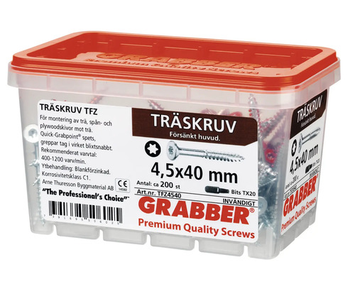 Träskruvar 4,5 x 40 millimeter i transparent plastlåda med rött lock