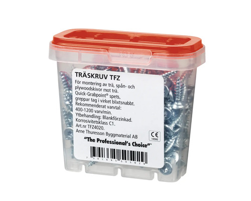 Träskruvar i genomskinlig plastlåda med rött lock