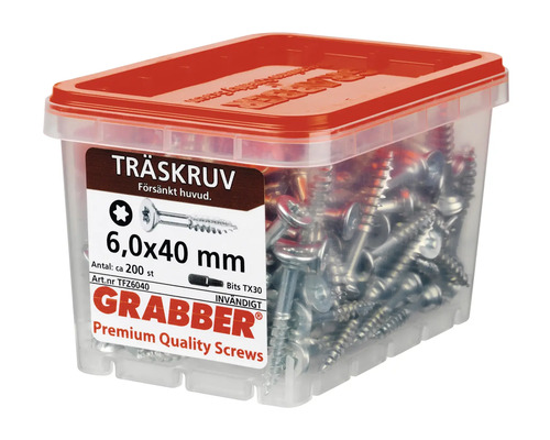 Grabber träskruvar 6,0x40 mm, cirka 200 stycken i behållare
