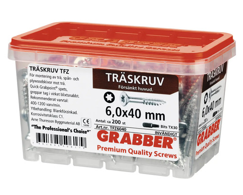 Träskruvar 6,0 x 40 mm, cirka 200 stycken i transparent låda